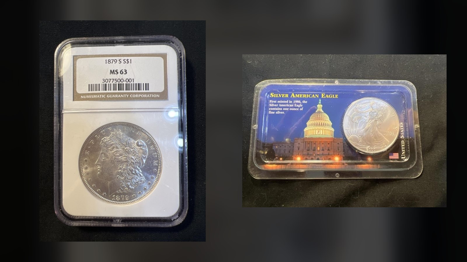 Liquidation Coin, Gun, Knife Auction — featured 1879-S Morgan Silver Dollar MS63 and American Silver Eagle